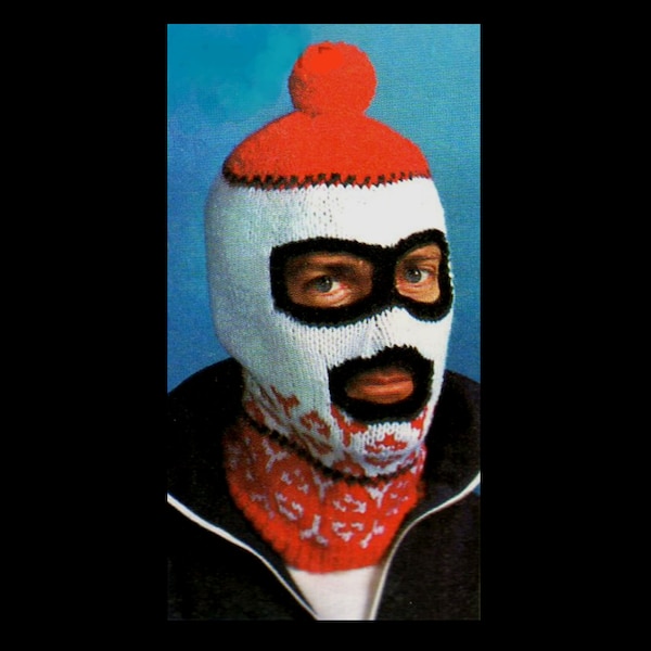 70s Knitted Full Face Balaclava with PomPom Pattern/ 1970s Full Face Ski Mask / Norwegian Style Winter Knit Pattern/ Red White and Black
