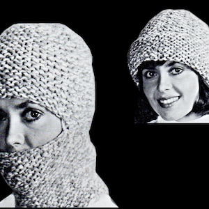 May include: Two women wearing knitted hats. The hat on the left is a balaclava style with a face opening. The hat on the right is a slouchy beanie style.