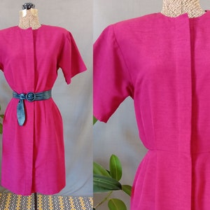 Vintage 50s Style  Dress in Raspberry/Handmade Short Sleeved Dress with Shoulder Pads/Maroon Button Up Pencil Dress/Office Wear/Size Small