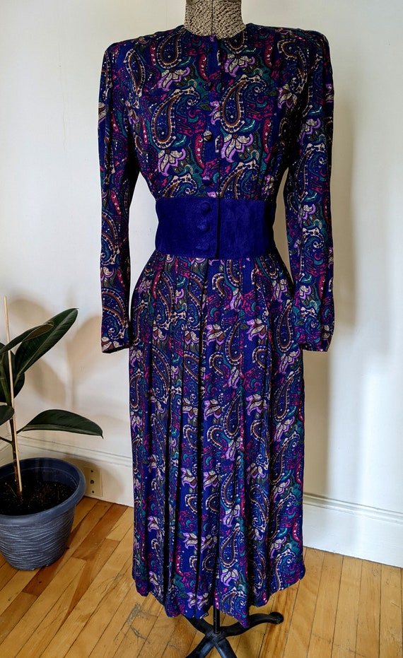 80s Purple Jewel Tone Paisley Dress with Suede Co… - image 2