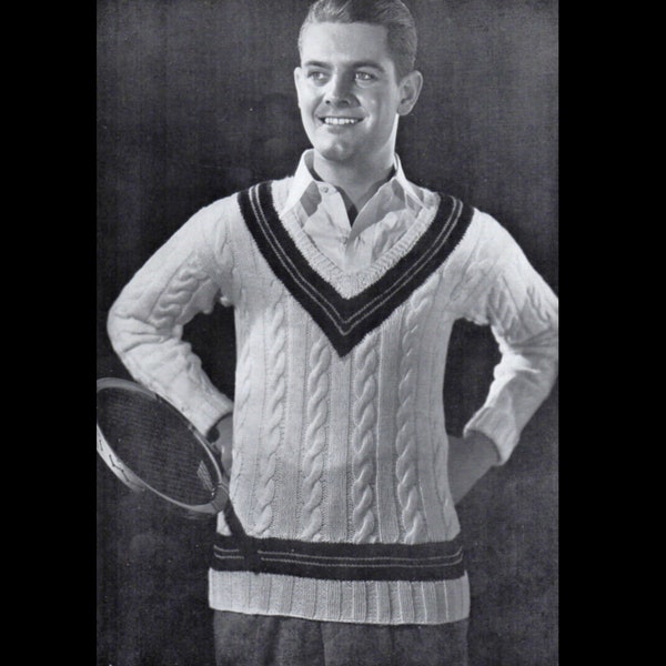 1930s "Wimbledon" Tennis Sweater Pattern/Knitted Cable Stitch V Neck Sweater/ 1934 Minerva men's Book