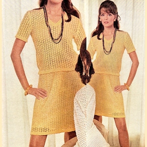 1960s Summer Skirt and Blouse Set/ Two Piece Dress in Sheer Knitted Lace/Summer of 69 Dress Pattern
