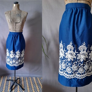 Vintage Handmade Embroidered Skirt/ Navy and White Floral Skirt/ Cut Work Embroidery/ High Waisted Skirt Below The Knee Skirt