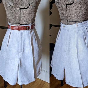 Classic High Waisted Pleated Cuffed Linen Shorts/ Beige Oatmeal