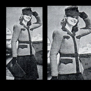 May include: A black and white photograph of a woman wearing a tweed jacket with black trim and a matching hat. The jacket has a belt and pockets. The woman is standing in front of a blurred background.