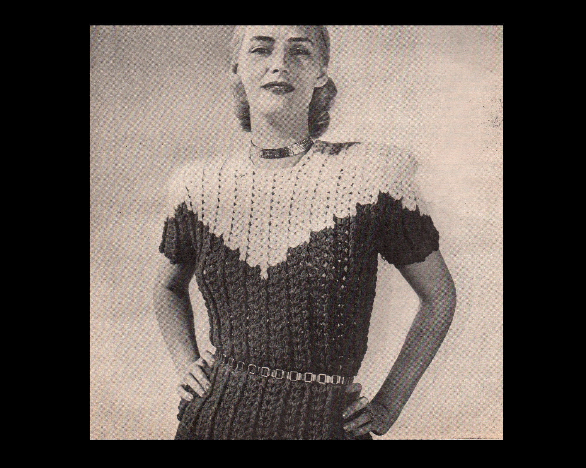 40 Crochet Blouse Patterns with Lace, Wraps, and Granny Squares 20 1940s Wide Neck Yoke Sweater Blouse/ Crocheted