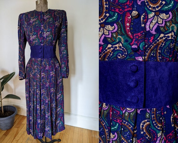 80s Purple Jewel Tone Paisley Dress with Suede Co… - image 1