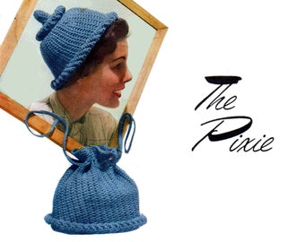 1950s Pattern/ "Pixie" Crocheted Hat with Rolled Brim and a Matching Drawstring Bag
