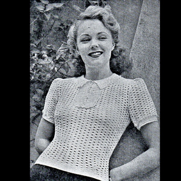 An Original 1940s Crochet Blouse Pattern/ Open Weave Stitches/ Short Sleeved Top with Puffed Sleeves and Frills/ Vintage American Pattern