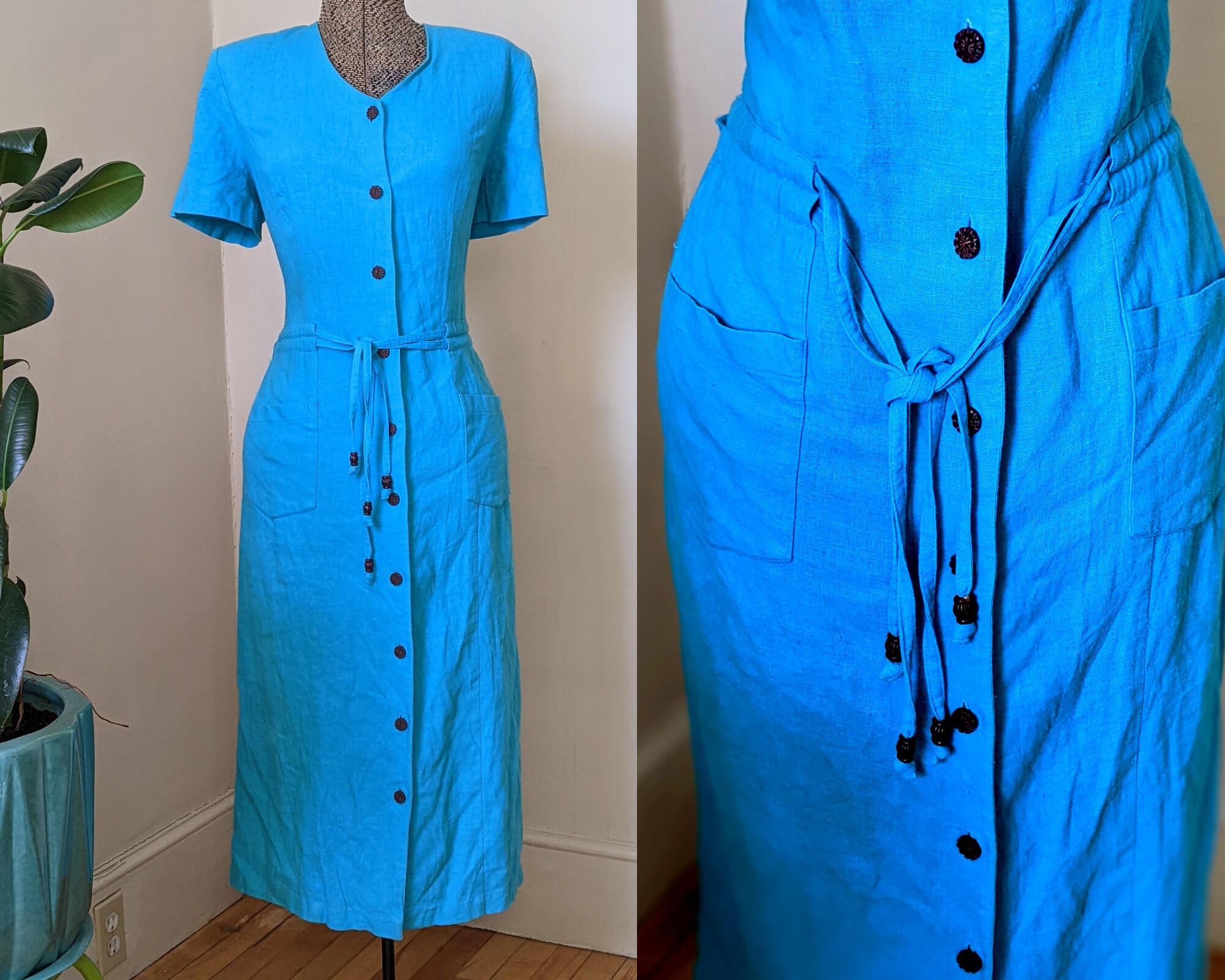 Turquoise Linen Summer Dress/ Short Sleeve with Belted Waist/ Size MEDIUM