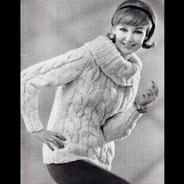 60s Cable Knit Sweater with Big Cowl Neck/ 1960s Ladies Knit Pattern/ Fisherman Sweater