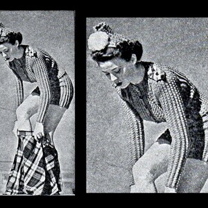 May include: A woman wearing a black and white knitted sweater and a white hat is shown in two poses. In the first pose, she is pulling down a plaid skirt. In the second pose, she is standing with her arms at her sides.
