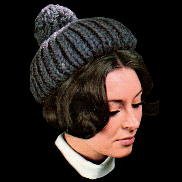 1960s Knitted Winter Pillbox Hat Pattern/ Bulky Knit Cap for Top of the Head/ Vintage Knit Hat with Pom Pom/ Style 60s Winter Wear/ BERNAT