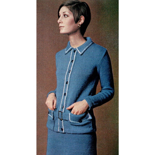 Late 60s Belted Skirt Suit with Contrasting Trim/ FALL/WINTER Knitting Pattern Good Housekeeping Needlecraft 1969-1970