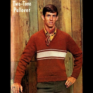 May include: A two-tone pullover sweater with a white stripe across the chest. The sweater is brown and has a v-neck.