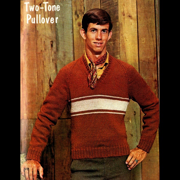 Classic Fitted Two Tone V Neck Sweater with Stripes at the Chest/ 1970s Workbasket Knitting Pattern