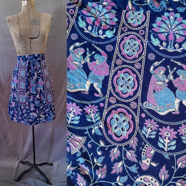 Indian Cotton Wrap Mini Skirt/ High Waisted Block Printed Skirt/Purple and Navy Folk Print/ Sword Dance Pattern/ Cotton Summer Skier/ SMALL