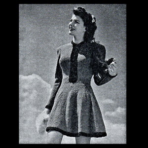 May include: A black and white photo of a woman wearing a knitted dress with a fitted bodice and a flared skirt. She is standing in front of a cloudy sky.