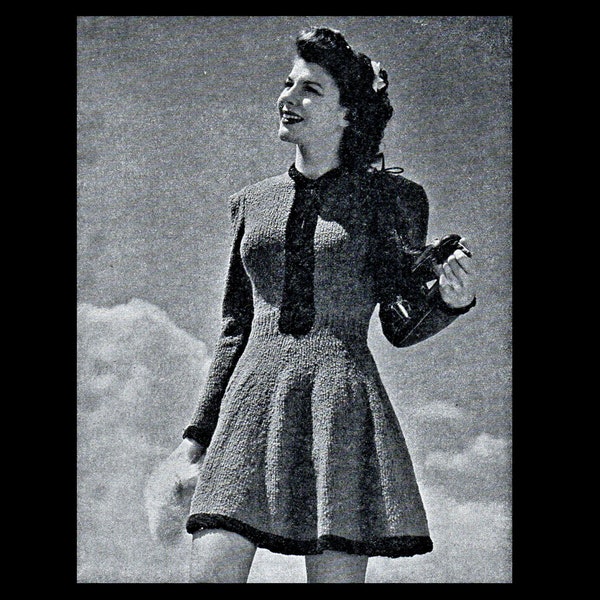 1940s Knitted Two Tone Ice Skating Dress Pattern/ Original Vintage 40s Skater Dress/ Long Sleeve Above the Knee/ Vintage American Patterns