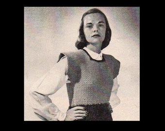 1940s Crochet Pattern for Square Neck Jerkin/ Pullover Sweater Vest/ Wide shoulder