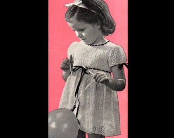 1940s Crocheted Girls Party Dress with Velvet Ribbon/ Vintage Crochet Pattern