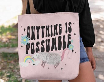 Possum Tote Bag Anything is Possible Reusable Retro Aesthetic Tote Bag Opossum Gift Graduation Gift Rainbow Tote Bag Positive Gift for Teen
