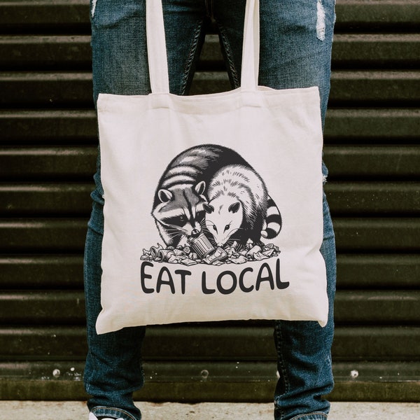 Eat Local Tote Bag, Opossum Bag Racoon Gifts Possum Gifts Goblincore Tote Bag Downtown Girl Weirdcore Animal Lover Gift Farmers Market Bag