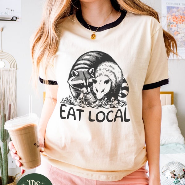 Eat Local Trash Ringer Tee, Opossum Shirt Raccoon Gifts Possum Shirt Goblincore Shirt Kidcore Clothes Downtown Girl Weird Animal Shirt