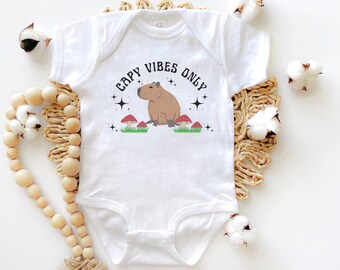 Capybara Shirt For Baby, Mushroom Baby Bodysuit, Cottagecore Baby Clothes Retro Mushroom Infant Bodysuit Capy Vibes Only Capybara Baby Gift