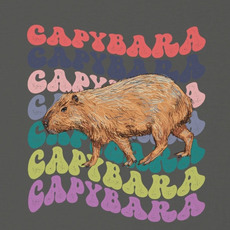 K&ouml;nnte beinhalten: Eine Cartoon-Illustration eines Capybaras mit dem Wort "Capybara", das in einem Regenbogen von Farben in einer Retro-Schrift wiederholt wird.