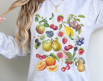 Fruits Sweatshirt, Boho Cottagecore Fruits Sweater, Strawberry Sweatshirt, Oranges Apples Figs Cherries Blueberries Sweatshirt
