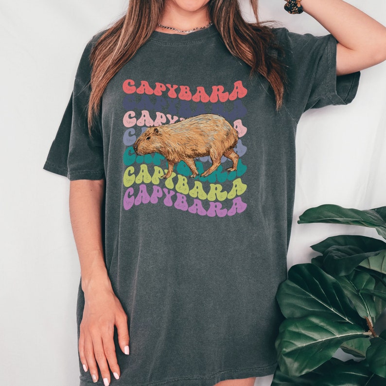 K&ouml;nnte beinhalten: Ein dunkelgraues Oversize-T-Shirt mit einem Aufdruck eines Capybaras und dem Wort "Capybara", das in einem Regenbogen aus Farben wiederholt wird.