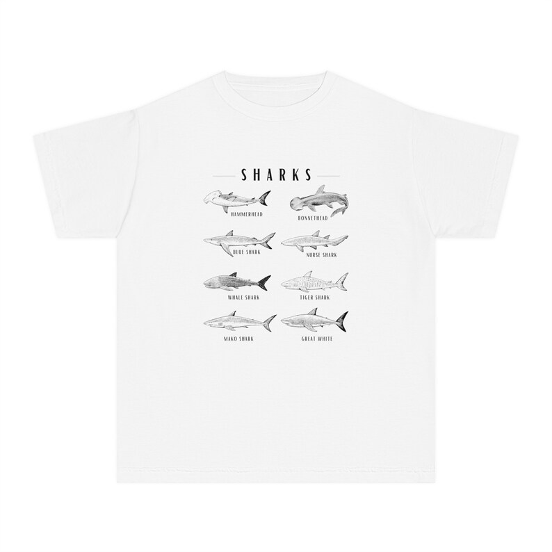 Shark Shirt for Kids, Comfort Colors Beachy Shirts Kids Gender Neutral Kids Clothes Whale Shark TShirt Great White Shark Nurse Shark White