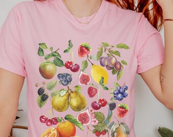 Fruktskjorta, körsbärsskjorta, jordgubbsskjorta, Cottagecore-kläder, bär-t-shirt, citronskjorta, äpple-apelsin-t-shirt, bohemiska sommarskjortor för kvinnor