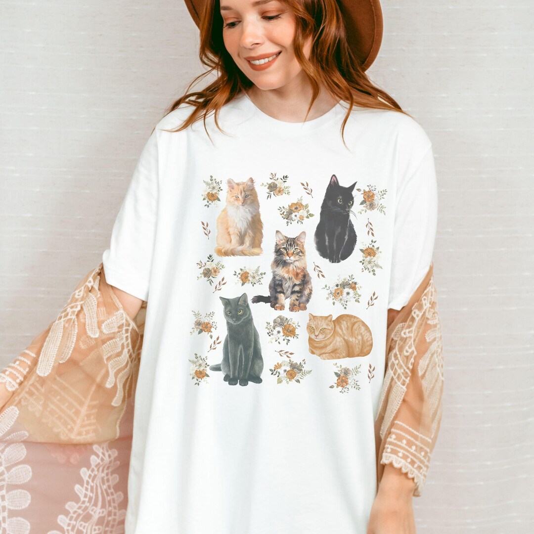 Cats and Flowers Floral Cat Shirt, Cottage Core Clothes Catlover Gifts ...