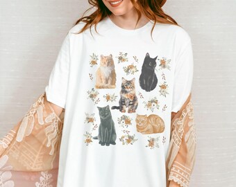 Cats and Flowers Floral Cat Shirt, Cottage Core Clothes Catlover Gifts Kitten Tshirt Women, Kitten Shirt GrandmaCore Clothes