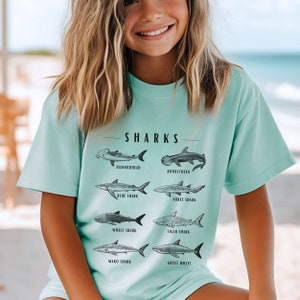 May include: A light blue t-shirt with a graphic of different types of sharks. The text "SHARKS" is printed above the graphic. The names of each shark are printed below the graphic: Hammerhead, Bonnethead, Blue Shark, Nurse Shark, Whale Shark, Tiger Shark, Mako Shark, Great White.