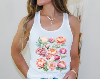 Peony Tank Top, Peony Garden Party Summer Shirt, Peonies Shirt Botanical Racerback Tank Top, Cottagecore Top, Floral Tank Top Boho Tank Top