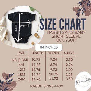 May include: Size chart for a baby bodysuit in inches. The chart shows the length, width, and sleeve length for sizes NB (0-3M), 6M, 12M, 18M, and 24M. The chart is titled "Rabbit Skins Baby Short Sleeve Bodysuit" and "Rabbit Skins 4400".