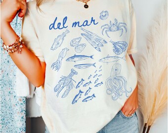 Del Mar Italian Ocean Fish Shirt, Sardines Lobster Squid Crustacean Ocean Core Shirt Sea Animals Seafood Ocean Tshirt Old Money Aesthetic