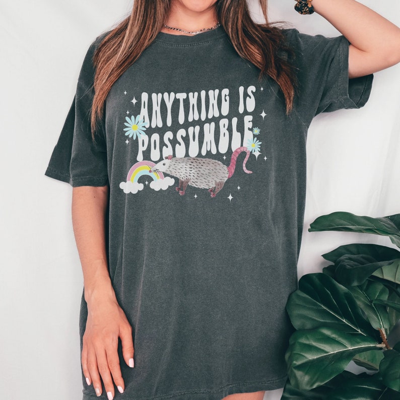 May include: Dark gray t-shirt with the text "ANYTHING IS POSSUMBLE" in white. The graphic includes a possum, rainbow, and flowers. The shirt is a relaxed fit.