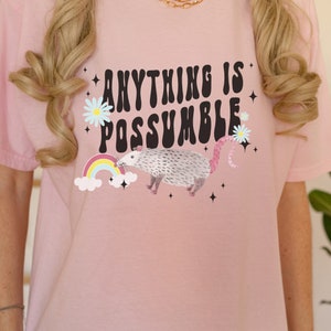 May include: Pink t-shirt with the text "ANYTHING IS POSSUMBLE" in a retro font. A watercolor possum, rainbow, and daisies are featured in the design. Black star accents complete the graphic.
