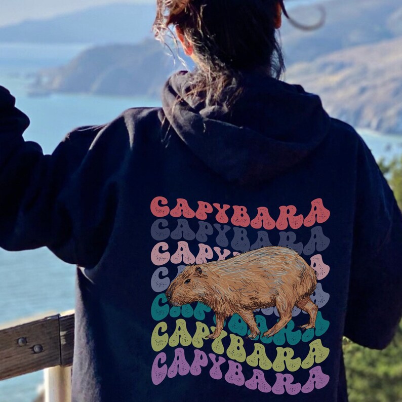 K&ouml;nnte beinhalten: Ein schwarzer Hoodie mit einem Aufdruck eines Capybaras und dem Wort "Capybara", das in einem Regenbogen-Farbmuster wiederholt wird.
