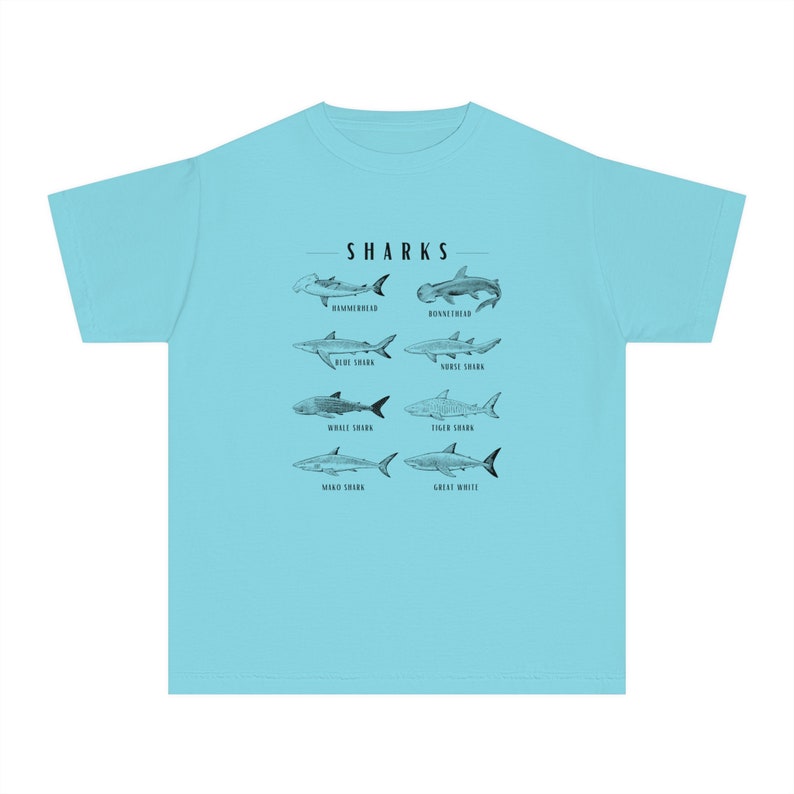 Shark Shirt for Kids, Comfort Colors Beachy Shirts Kids Gender Neutral Kids Clothes Whale Shark TShirt Great White Shark Nurse Shark Lagoon Blue