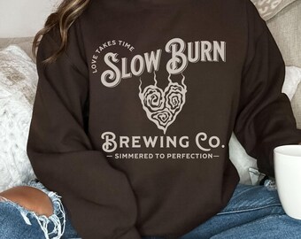 Slow Burn Brewing Co Book Tropes Sweatshirt, Booktrovert Smut Shirt Romantasy Reader Enemies To Lovers Dark Romance Spicy Book Sweatshirt
