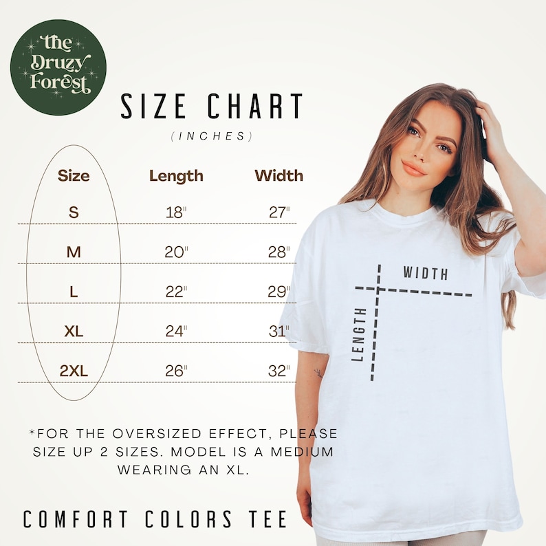 K&ouml;nnte beinhalten: Gr&ouml;&szlig;entabelle f&uuml;r ein T-Shirt mit Ma&szlig;en in Zoll. Die Tabelle zeigt die L&auml;nge und Breite des Shirts in den Gr&ouml;&szlig;en S, M, L, XL und 2XL. Der Text "*F&Uuml;R DEN &Uuml;BERGR&Ouml;&szlig;EN-EFFEKT, BITTE 2 GR&Ouml;&szlig;EN NACH OBEN GEHEN. MODELL IST EIN MITTEL, DAS EIN XL TR&Auml;GT." befindet sich unter der Tabelle. Der Text "COMFORT COLORS TEE" befindet sich am unteren Rand der Tabelle.