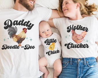Family Chicken Shirts Matching Family Farm Birthday Party Little Chick Baby Bodysuit Mother Clucker Daddy Doodle Doo Barnyard Chicken Tee