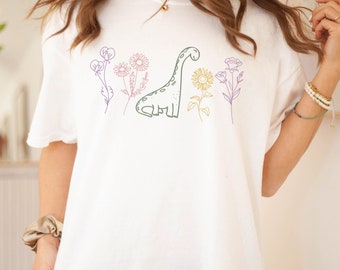 Dinosaurier Shirt für Frauen Erwachsene Dinosaurier Shirt Komfort Colors® Dinosaurier TShirt Wildblumen Shirt Vegetarisches Dino Shirt Minimalistisches Frauen-Shirt