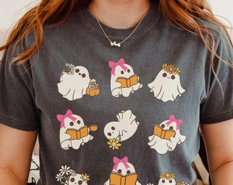 Reading Ghosts Shirt, Book Ghost Shirt, Pink Halloween Bookish Retro Comfort Colors Halloween Tee Ghost Book Shirt Bookish Halloween Merch
