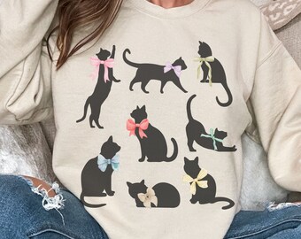 Black Cat Bow Sweatshirt, Dark Coquette Sweatshirt Preppy Stuff Coquette Clothes Balletcore Coquette Ribbon Shirt, Halloween Cat Sweatshirt
